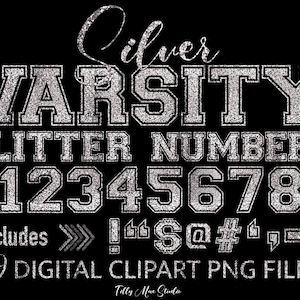 Puede incluir: Letras y números de la universidad de purpurina plateada. Incluye los números del 0 al 9, signo de exclamación, comillas, signo de dólar, símbolo de arroba, numeral, flechas izquierda y derecha, coma, punto y un cuadrado. 19 archivos PNG de imágenes prediseñadas digitales.