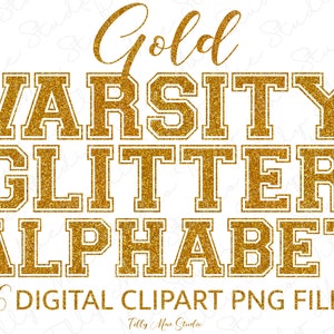 Letras PNG del alfabeto universitario con purpurina dorada, imágenes prediseñadas brillantes para arte digital, sublimación y proyectos de diseño.