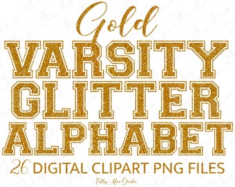 Gold Glitter Varsity Alphabet PNG Letters Sparkly Clipart for Digital Art, Sublimation, Design Projects