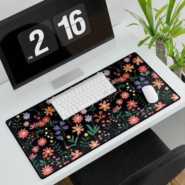 Dark Cottagecore DeskMat, cute desk mat for desk accessories, nature deskmat, floral deskmat, black mousepad, co worker gift,3 sizes
