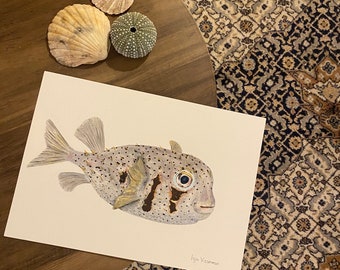 Pufferfish Porcupinefish original watercolour painting A4