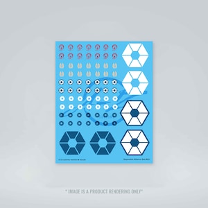 May include: A sheet of blue waterslide decals featuring various white, blue and red star and hexagon designs. The text "Separatist Alliance Set #001" is printed at the bottom of the sheet.