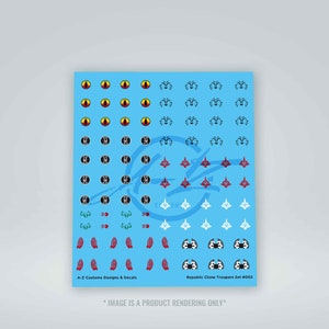 May include: A sheet of decals with a variety of designs in red, white, black, and yellow. The decals include eye-like symbols, stylized aircraft, and other geometric shapes. Text at the bottom reads "A-Z Customs Designs & Decals" and "Republic Clone Troopers Set #002."