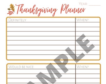 May include: A printable Thanksgiving planner with a gold border and fall leaves in the top left corner. The planner has three sections: "Definitely", "Would Be Nice", and "Skip It This Year". Each section has a space to write a task and a column labeled "When?" for scheduling.