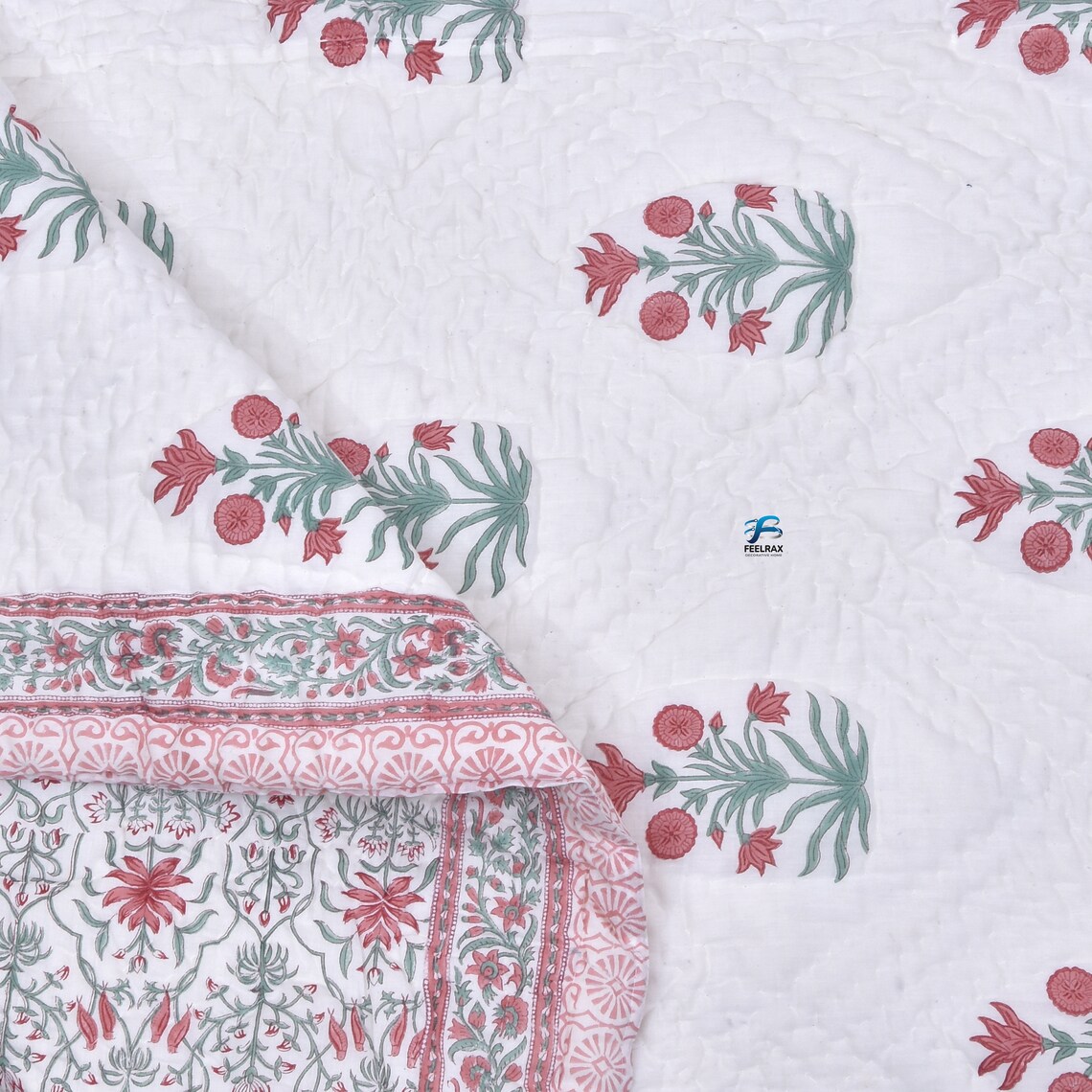 Jaipuri Quilt Hand Block Flower Printed Cotton Light Wight Etsy