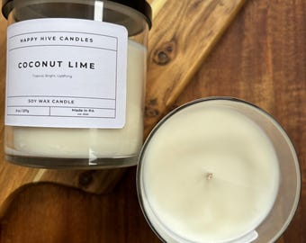 Coconut Lime Soy Candle, Tropical Summer Scent, Fresh Citrus & Creamy Coconut