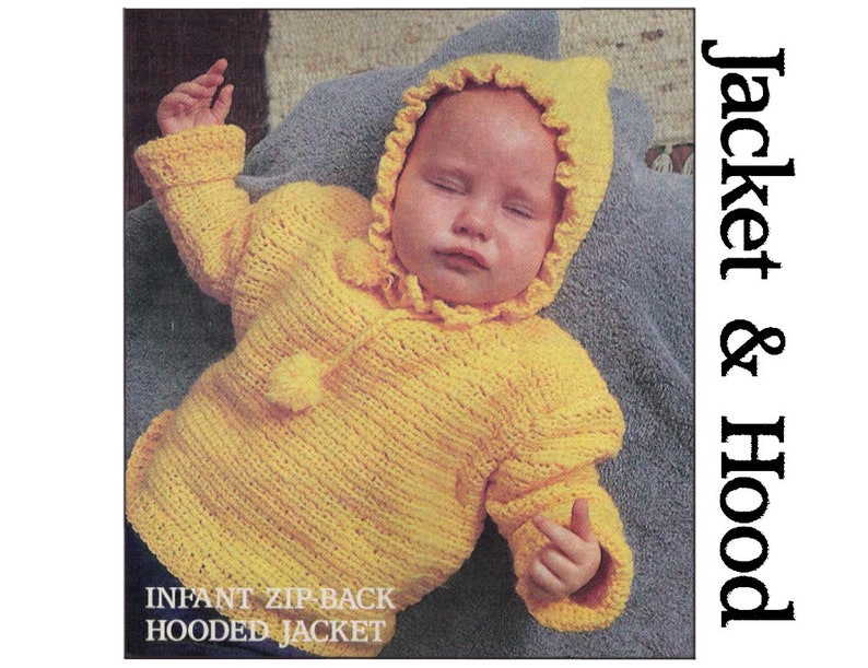 sizes 1 2 and 3 PDF of vintage baby/'stoddler/'s crochet pattern from the 1960/'s. with ruffled edge Infant Zip-Back Hooded Jacket