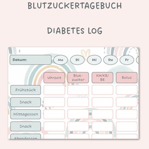diario de azúcar en sangre | Rastreador de diabetes | Diabetes tipo 1 | Niños | arcoiris | azúcar en la sangre | niveles de azúcar en la sangre | Alemán | digital