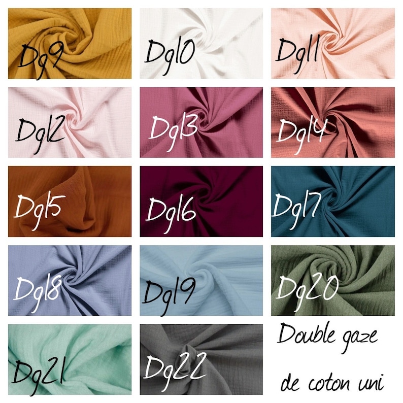 May include: A grid of fifteen swatches of double gauze cotton fabric in various solid colors, each labeled with codes from Dg9 to Dg22. The colors include mustard, white, pink, mauve, burgundy, rust, teal, periwinkle, light blue, sage, mint, and gray.