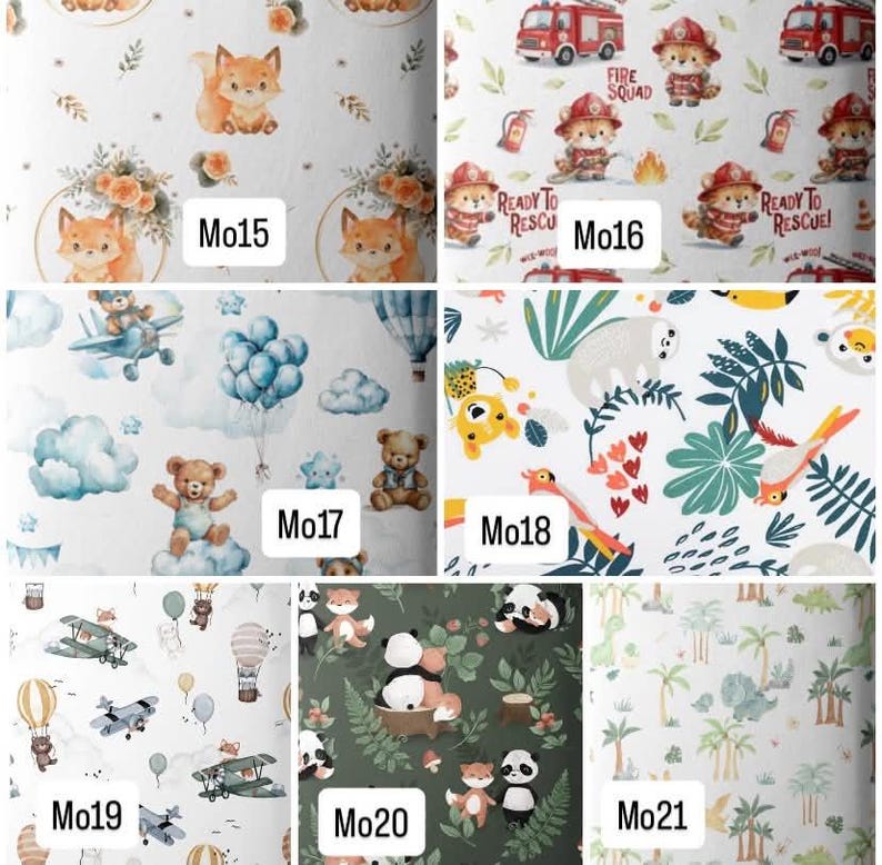 May include: A collage of seven fabric patterns labeled Mo15 through Mo21. Designs include foxes with floral wreaths, fire-fighting animals with fire trucks, teddy bears with balloons and airplanes, jungle animals, aviation motifs, pandas, and palm trees.