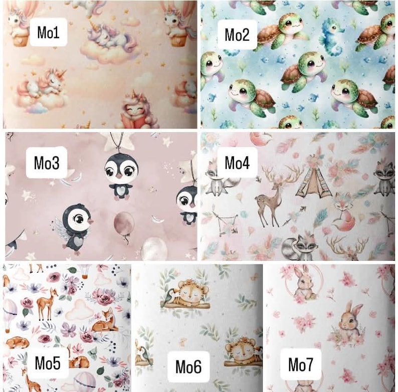 May include: A grid of seven fabric patterns labeled Mo1 through Mo7. Mo1 features unicorns on clouds. Mo2 shows sea turtles. Mo3 displays penguins and stars. Mo4 depicts woodland animals and teepees. Mo5 has deer and flowers. Mo6 shows lions. Mo7 features rabbits.