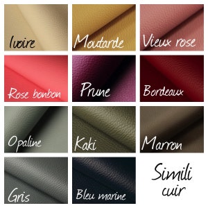 May include: A grid of eleven textured faux leather swatches in various colors including ivory, mustard, dusty rose, candy pink, plum, burgundy, opal, khaki, brown, gray, and navy blue, each labeled with its corresponding French color name.