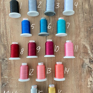 Op de afbeelding: Zestien klossen Gunold borduurgaren gerangschikt in vier rijen, genummerd van 1 tot 16. De kleuren omvatten zwart, diverse grijstinten, wit, blauw, teal, rood, magenta, roze, koraal, oranje, zilverkleurig en goudkleurig metallic garen.