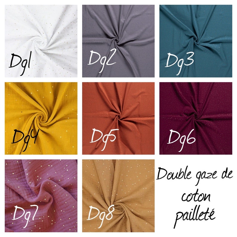 May include: A grid of eight fabric swatches labeled Dg1 through Dg8, featuring double gauze cotton with metallic glitter accents in white, gray, teal, mustard, rust, dark purple, mauve, and tan. The text reads Double gaze de coton paillet&eacute;.