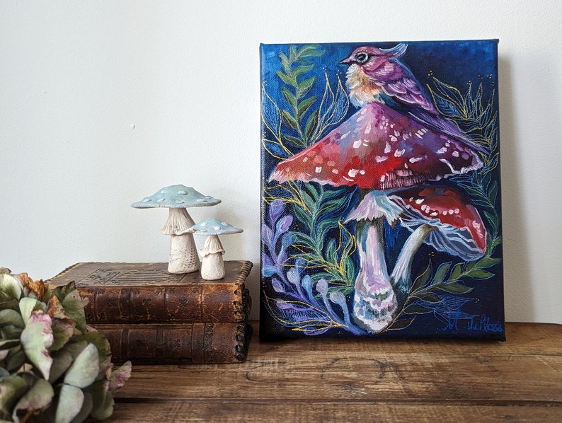 ORIGINAL Bird And Toadstool Oil Painting Magic Of Believing
