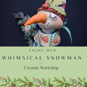 May include: A ceramic snowman figurine with a long orange carrot nose, closed eyes, and a red hat adorned with green leaves and red berries. The snowman wears a white collar with pink heart accents and a green and white chequered ribbon.