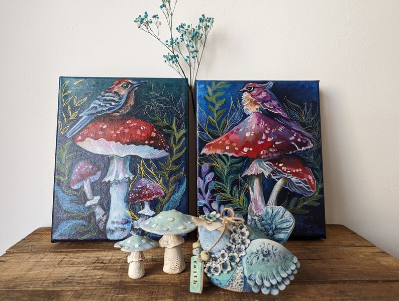 ORIGINAL Bird And Toadstool Oil Painting image 9