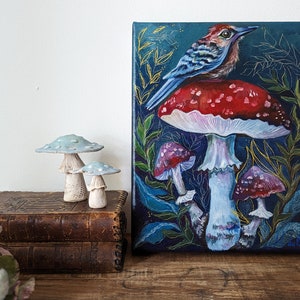 ORIGINAL Bird And Toadstool Oil Painting Keep Dreaming