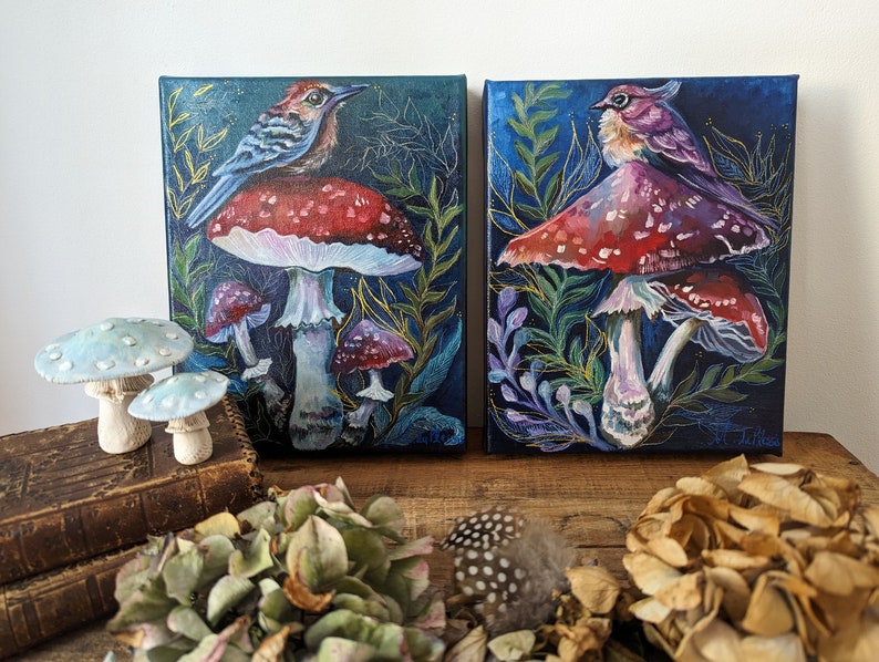 ORIGINAL Bird And Toadstool Oil Painting image 2