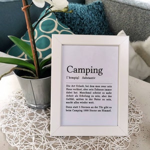 Bild Definition Camping in deutsch, Bilderrahmen, weiß 13x18cm