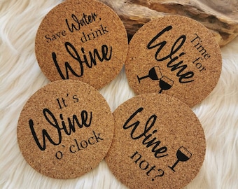Cork coasters, 10 cm, for wine lovers, English text, improved quality