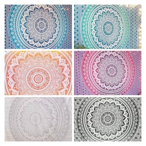 May include: A collage of six different mandala tapestries. The tapestries feature a variety of colors, including blue, green, orange, purple, gray, and black. Each tapestry has a white mandala design in the center.