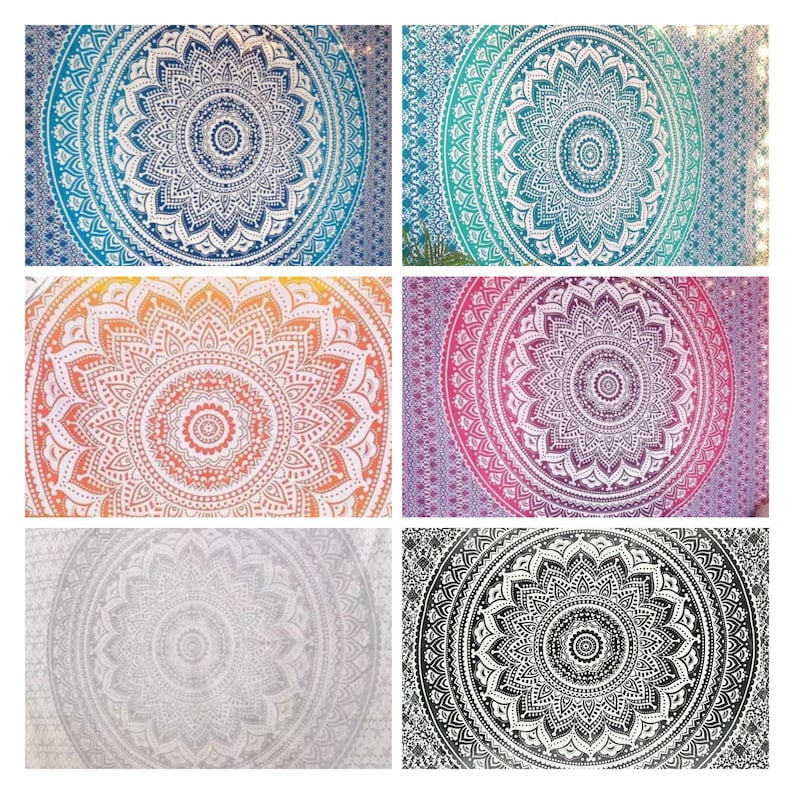 May include: A collage of six different mandala tapestries. The tapestries feature a variety of colors, including blue, green, orange, purple, gray, and black. Each tapestry has a white mandala design in the center.