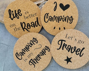 Cork coasters, 10 cm, for camping enthusiasts, improved quality