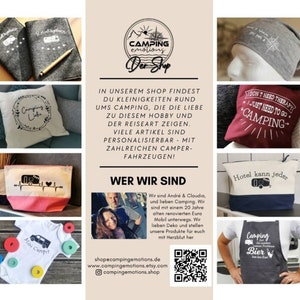 May include: A collection of camping-themed items, including a pillow with the text "Camping Liebe", a gray t-shirt with the text "Camping Bier", a gray beanie with a compass design, and a white tote bag with a red heart and a camper van graphic. The text "Camping emotions Der Shop" is at the top of the image.