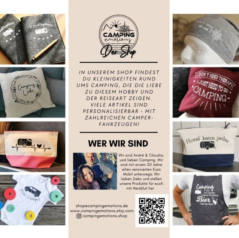 May include: A collection of camping-themed items, including a pillow with the text "Camping Liebe", a gray t-shirt with the text "Camping Bier", a gray beanie with a compass design, and a white tote bag with a red heart and a camper van graphic. The text "Camping emotions Der Shop" is at the top of the image.