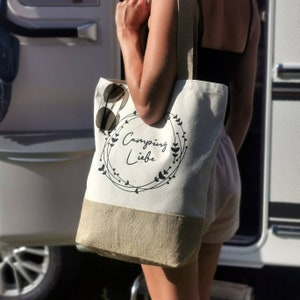 Camping Tasche „Campingliebe“ – große Baumwolltasche mit Jute-Boden | Urlaub, Strand, Picknick, Camping & Vanlife