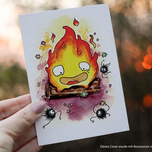 Postkarte - Calcifer- mit handgemalten Calcifer und Rußmännchen - 300g /m2 - DIN A6