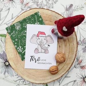Postkarte - Elefant mit Weihnachtsmütze - mit handgemaltem Aquarellmotiv - 300g /m2 - DIN A6