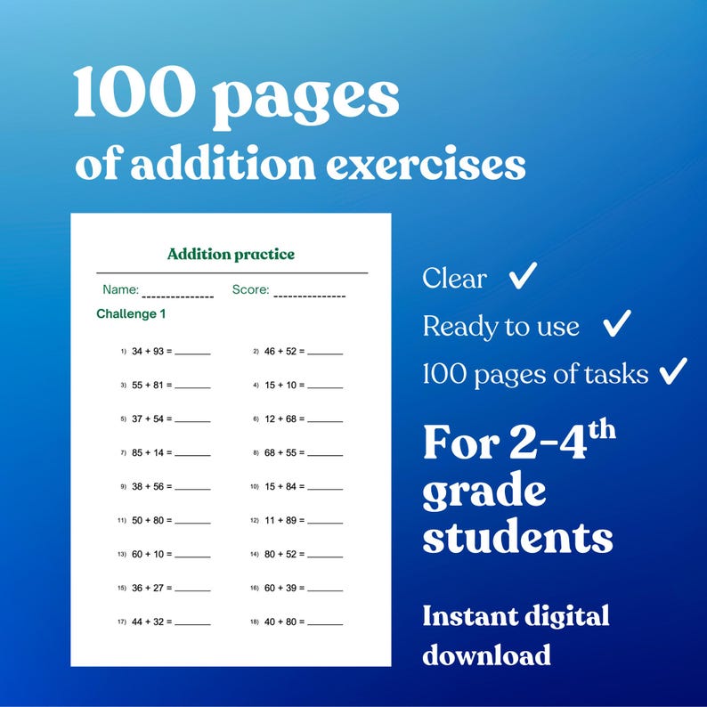 100 Pages of Addition Math Exercises for 2nd 3rd 4th Grade - Etsy