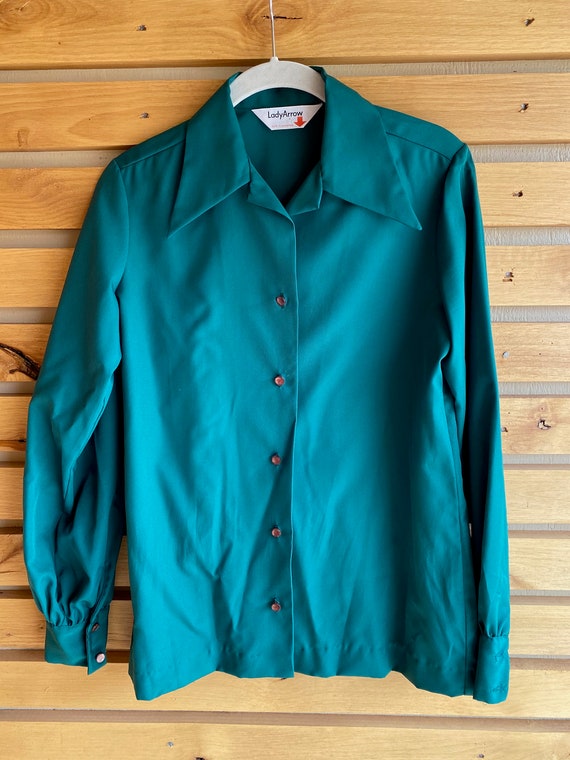 Vintage 1970s 1980s Lady Arrow Long Sleeve V-Neck Collared Button Up Blouse Size 14