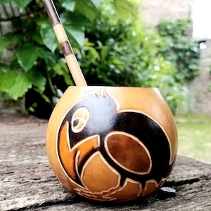 Mate gourd cup Fun Minah Bird/Hand made/Burned carved/without inks/.Plasticfree shipping box/Many capacity and straws options.Artesano