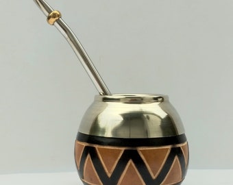 Argentinian Gourd Mate with German Silver Big Mouth/Stainlees Steel straws/Carved-Burned/Hand Made/Cardboard compostable box/Plastic Free/
