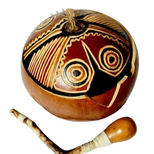 Yerba mate Gourd Box/Carved and burned/Owl design/Spoon made with mini-mate