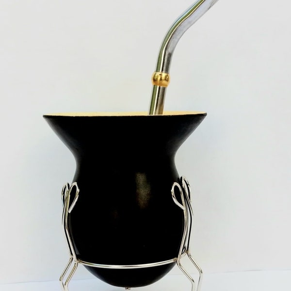 Black Mate gourd cup/Burned to hand with blowtorch/No inks!!Stainless Steel straws/Argentine Artisan without intermediary/Compostable box.