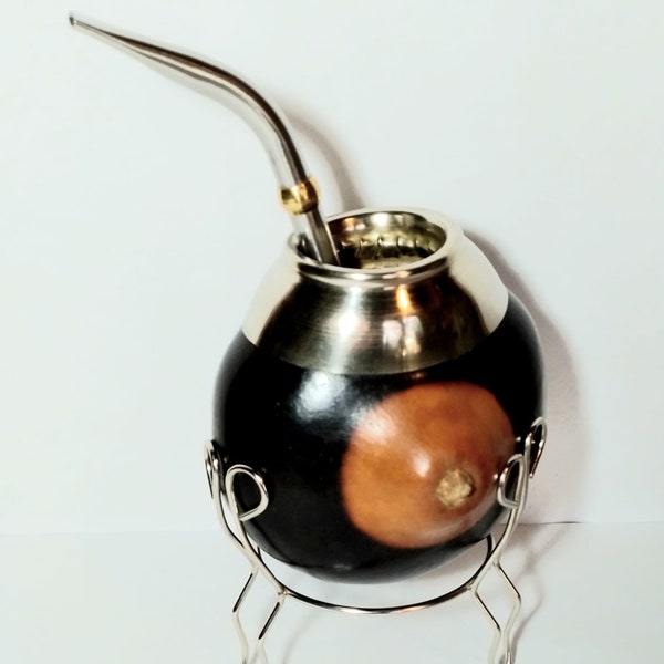 Unique piece: Mate Gaucho Pumpkin Cookie large, burnt and natural with Alpaca ring. Metal foot/Pico de Loro steel bulb.