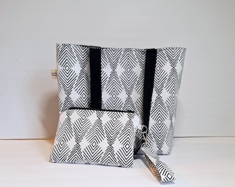 Black and White Tote Bag Shoulder Bag Purse  with wallet Coin Purse Tote Bag with Pocket Handmade gift