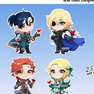 Puede incluir: Cuatro pegatinas de estilo chibi de 2,5 pulgadas con personajes del videojuego Fire Emblem: Three Houses. Los personajes son Dimitri, Dedue, Félix y Sylvain de la casa de los Leones Azules. Las pegatinas están impresas en vinilo transparente con epoxi de purpurina.