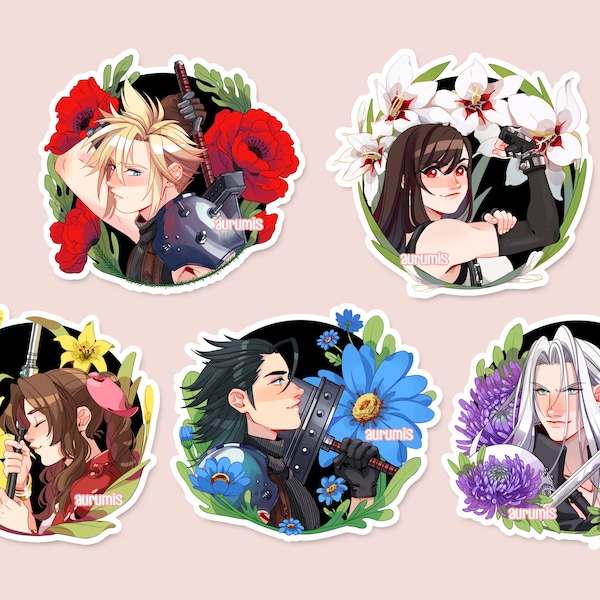 LAST STOCK - Final Fantasy VII cute floral charms and Stickers - videogame - Tifa - Cloud - Aerith - Sephiroth - Zack