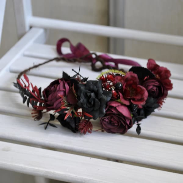 Burgundy black flower crown, Gothic wedding crown, Halloween hair crown