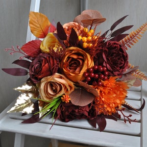 Burgundy orange wedding bouquet, Fall wedding bouquet, Boho wedding