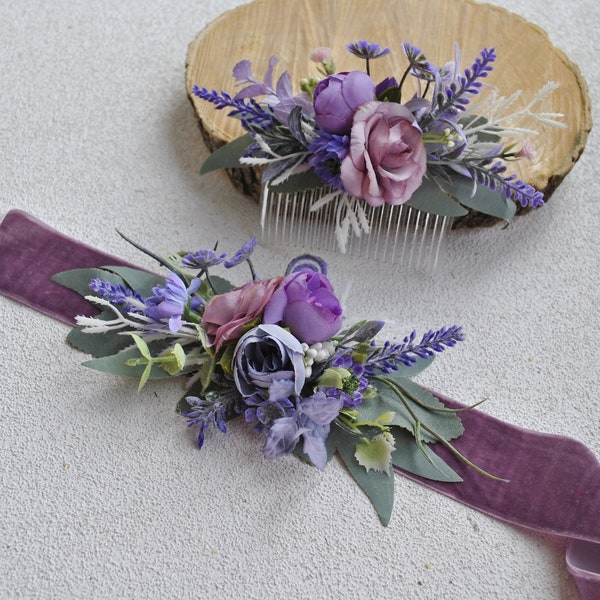 Purple  floral comb, Fall wedding hair accessories, Bridal comb
