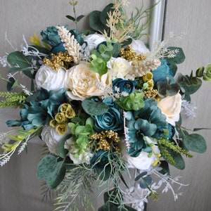 Ramo de boda de oro blanco verde esmeralda, flores de boda de invierno, boda boho