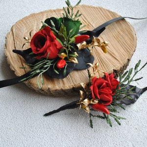 Black red  boutonniere for men, Gothic wedding, Red black wedding corsage