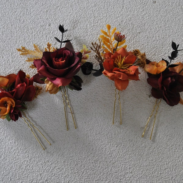 Rust burgundy black hair pins, Fall wedding bridal accessories, Black gothic wedding