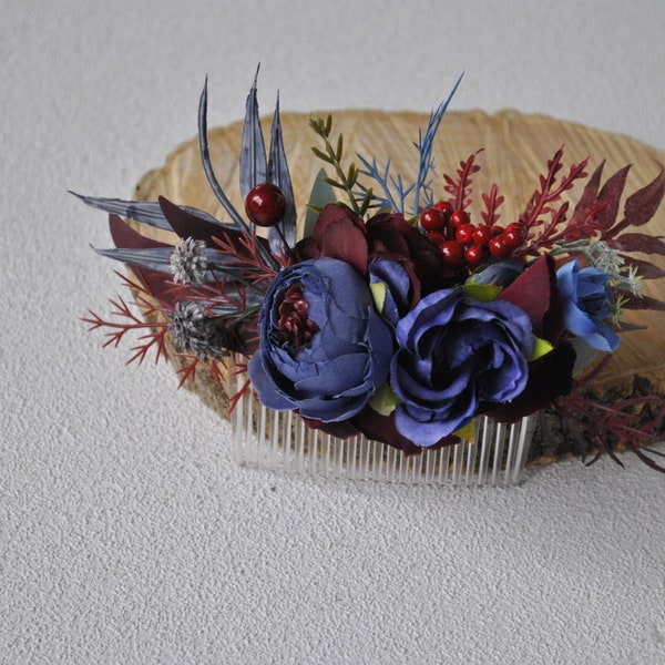 Burgundy navy blue floral comb, Fall wedding bridal accessories, Winter flower comb